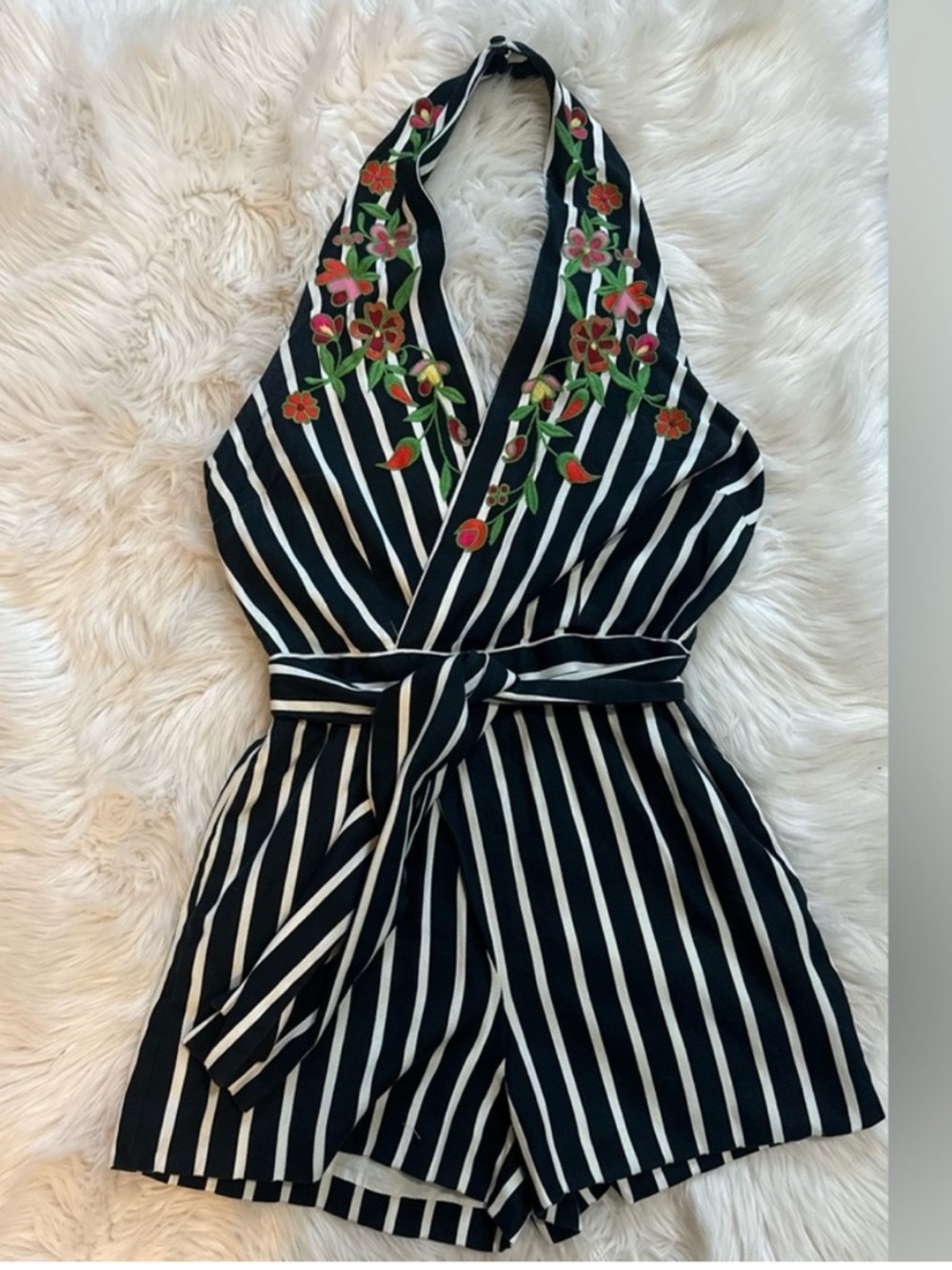NEW Judith March anthro floral embroidered striped halter romper Size Medium